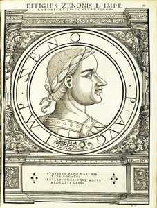 1559年にチューリッヒのアンドレアスゲスナーによって印刷されたルドルフヴィッセンバッハによって彫刻された古代の硬貨のローマの東西の真実の画像の司令官からのゼノ 作： Hans Rudolf Manuel Deutsch